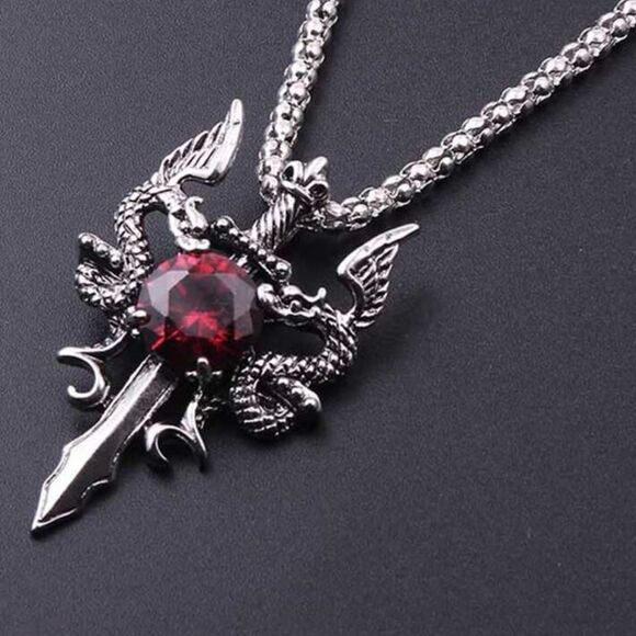 Gothic Vintage Inspired Dragon With Red Jewel accent Silver Tone Engraved Detail - Picture 3 of 3